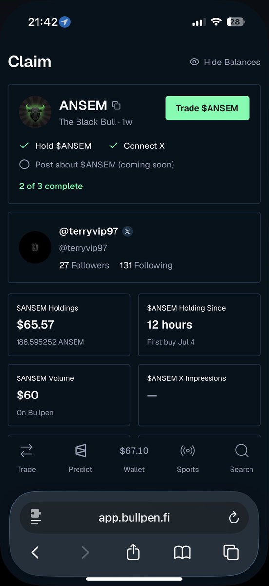 terryvip97's tweet photo. I'm seeing some of you guys are wondering why your balance are not showing after linking your wallet with @BullpenFi. Just give it a few minutes it wil show up. 

By the way big shout out to @blknoiz06 for giving us small accounts a chance to win in this game. solana:9cRCn9rGT8V2imeM2BaKs13yhMEais3ruM3rPvTGpump is the only way 🔥