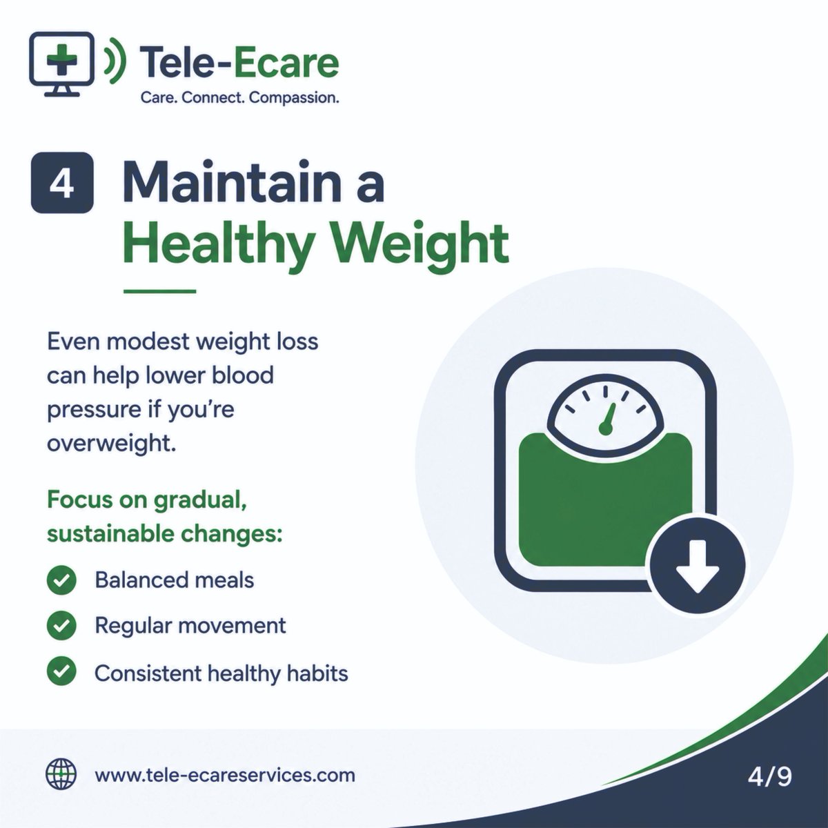 tele_ecare's tweet photo. 4. Maintain a Healthy Weight
Even modest weight loss can help lower blood pressure if you're overweight.
Focus on gradual, sustainable changes: *Balanced meals *Regular movement *Consistent healthy habits
Progress is more important than perfection.
#TeleEcare #HealthyHabits GM CT| Amen