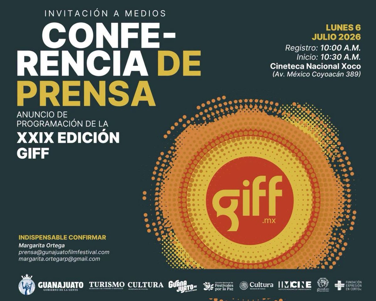giffmx's tweet photo. ✨ La cuenta regresiva continúa...
Amigos de medios, están cordialmente invitados a nuestra conferencia de prensa para el anuncio de la programación oficial de #GIFF2026.

📩 Indispensable confirmar asistencia

🗓️ Lunes 6 de julio | 🕙 Registro: 10:00 am
📍 Cineteca Nacional Xoco (Av. México Coyoacán 389)
🎬 ¡Más cine, por favor!