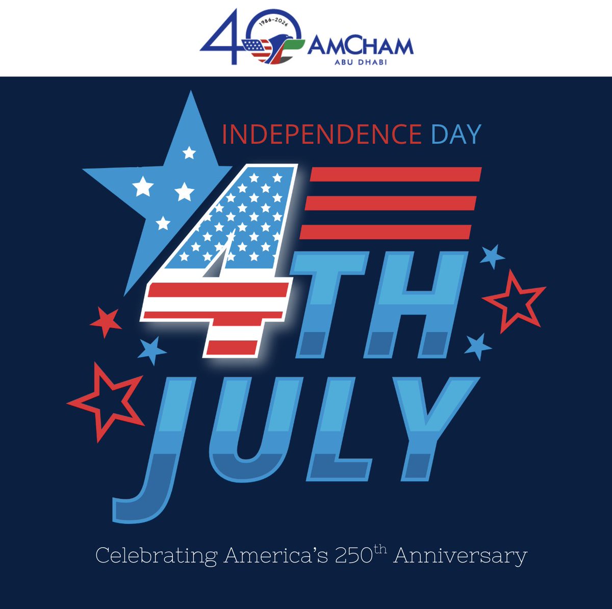 AmChamAbuDhabi's tweet photo. Happy Independence Day! 🇺🇸

AmCham Abu Dhabi extends its warmest wishes to our members, partners, and friends celebrating across the United States and the United Arab Emirates.

#FourthOfJuly #IndependenceDay #AmChamAbuDhabi #USUAE https://t.co/TNUfpuJfVV