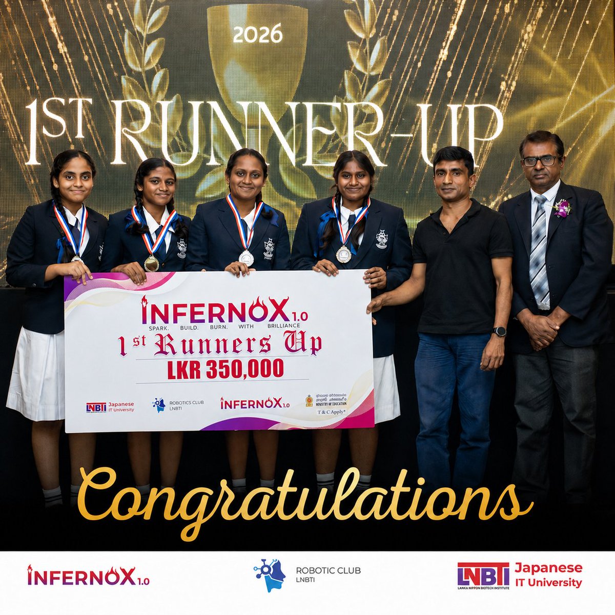 lnbti_'s tweet photo. Congratulations to Ave Maria Convent, Negombo, on securing the 1st Runner-Up title at INFERNOX 1.0 – 2026! 🏆✨ https://t.co/Yass61dZhK
