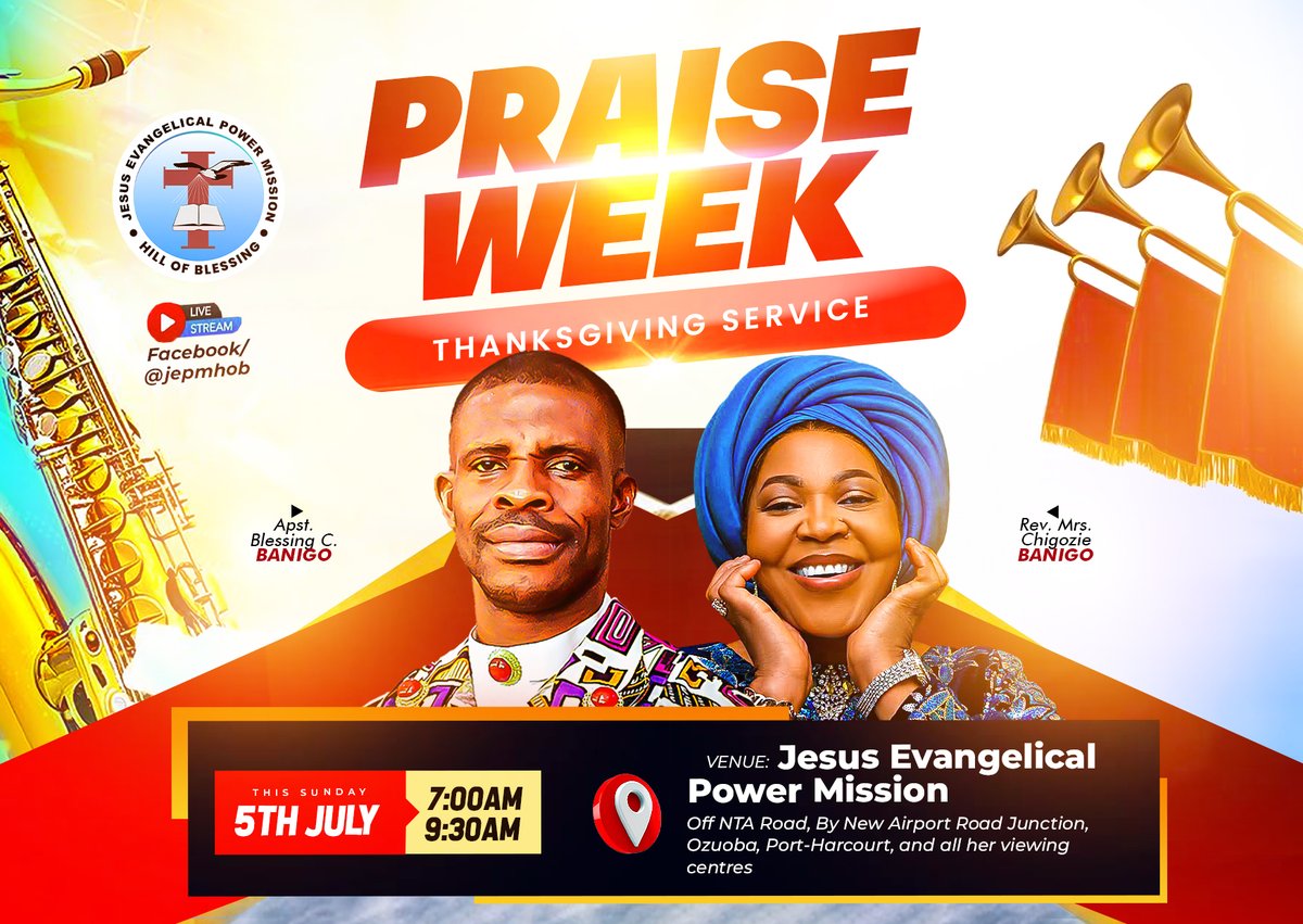 Jepmhob's tweet photo. The GRAND FINAL of the BIG ONE - The thanksgiving service of the 2026 Praise Week holds tomorrow!

So big, you can't afford to miss!
Come along with someone and remain blessed!

#sunday
#SundayService
#ApostleBanigo 🗣️
#JesusEvangelicalPowerMission 
#TheJepmite ✊ https://t.co/BKapciYXCW
