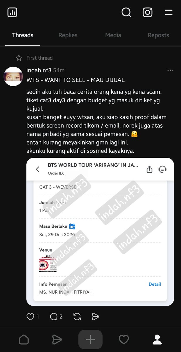 piecesofhope7's tweet photo. WTS - WANT TO SELL - MAU JUAL

1tix - cat 3 presale - day 3

tiketku sendiri.

#ARIRANG #ARIRANGJKT #BTS #ARMY #WTS https://t.co/tHUu1UDdlf