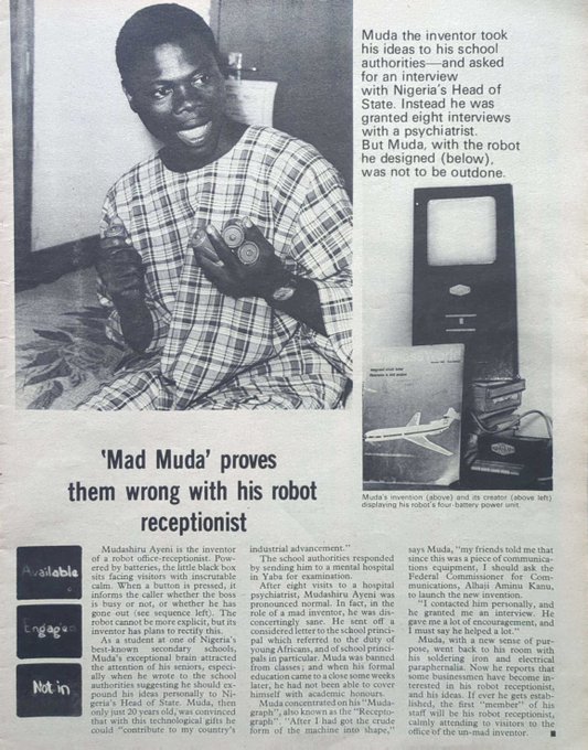ifejournal's tweet photo. A 20-year-old Yoruba student in Nigeria invented an AI office assistant in 1972 and asked to personally demonstrate it to the head of state.  

He was sent to a psychiatrist instead, banned from classes and forced to quit school entirely. https://t.co/d5YEQv3UqW