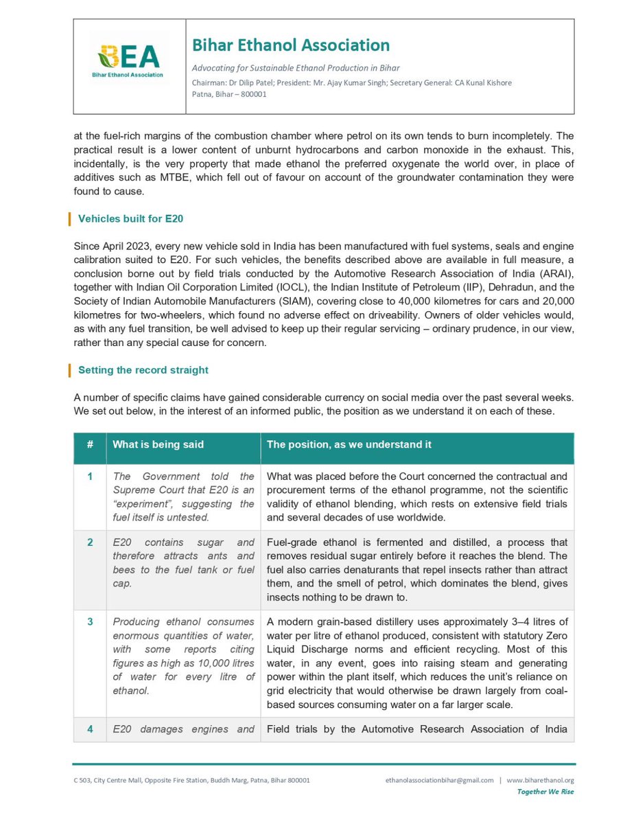 biharethanol's tweet photo. Bihar Ethanol Association's official explainer on E20, in writing. Read it here. #TogetherWeRise @biharethanol https://t.co/yGOmU8zk5D