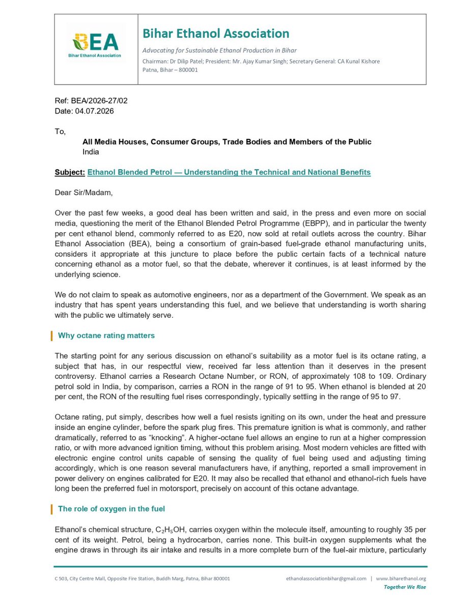 biharethanol's tweet photo. Bihar Ethanol Association's official explainer on E20, in writing. Read it here. #TogetherWeRise @biharethanol https://t.co/yGOmU8zk5D