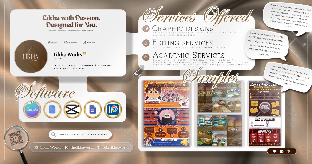 LikhaWorks's tweet photo. @0325LIMB0 graphic designer here! trusted! 

Hi! If you’re looking for reliable academic assistance/graphic designer, I can help. You can message me for details. I can also send samples! 💗 https://t.co/0wvHIiYsc0