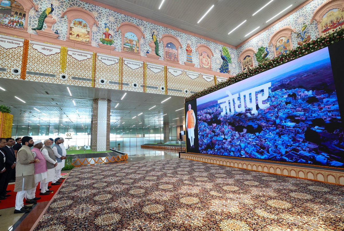RamMNK's tweet photo. Hon’ble PM @narendramodi Ji inaugurated the new terminal at Jodhpur Airport today. A reflection of the vision of Vikas bhi, Virasat bhi, this world class terminal will strengthen Marwar’s connectivity while opening new avenues for tourism, trade and economic growth across Rajasthan.

• ₹480 Cr investment
• 20 lakh annual passenger capacity
• 12 aircraft parking bays
• Green, future-ready design