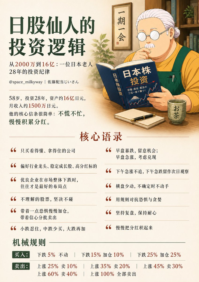 0xKevin00's tweet photo. 赚钱原来这么简单，日本58岁的大爷炒股28年翻80倍，从2000万日元增长至约16亿日元

日股仙人在推特公开了他的投资逻辑，原来只需要遵循这些操作，十年如一日就能慢慢变富！👇

一、选股：只买自己看得懂的

佐藤所有规则的前提是手里的股票必须是你理解并信任的公司

行业龙头（任天堂、丰田、良品计画等）长期持有是基本；稳定成长股（东京电力、三丽鸥、三菱UFJ等）不需要频繁买卖；高波动股可以短期做，但要清醒认识风险。不理解的股票坚决不碰

他的原话："優良企業が市場全体の下落で売られた時こそ、絶好の仕込み場になることがあります。"优质企业在全市场下跌时被抛售，才是绝佳的买入机会

二、仓位管理：百分比机械规则

这是佐藤传播最广的一套规则（140万+浏览），核心一句话："恐怖心を持って少しずつ買い増し、自信を持って売却する。"带着恐惧一点点加仓，带着信心果断卖出

下跌时：

跌 5% → 不动
跌 15% → 加仓 10%
跌 25% → 加仓 25%

上涨时：

涨 5~15% → 继续持有
涨 25% → 卖出 10%
涨 35% → 卖出 20%
涨 45% → 卖出 30%
涨 60% → 卖出 40%
涨 100% → 全额卖出

买入端只有三档、动作缓慢；卖出端五档、阶梯收割。买要克制，卖要果断

三、盘中纪律：8条铁则

开场白就很硬："ルールを守れないなら、株を買うな。"——守不住规则就别买股票

① 早盘暴跌是机会（买），早盘急涨是出口（卖）

② 下午急涨不追，下午急跌当作次日布局准备

③ 恐慌性卖出是愚蠢的。没方向时唯一正确的动作是"静观"

④ 阴线买入，阳线卖出

⑤ 不被大众心理吞没，要有做反向操作的勇气

⑥ 高位低位的横盘是忍耐的考验

⑦ 高位横盘后的最后一波拉升，才是最大的撤退信号这是最容易让人贪心的陷阱

⑧ 没创新高不卖，没急跌不买。横盘不值得交易

四、底层信条

"株で増えない時期は、銘柄選びより「自分の感情」で売買していた時でした。" ——资产不增长的那些年，不是选错了股，是用情绪在交易
"相場で勝つ人は、ルールを作る人ではなく、ルールを守れる人です。" ——市场中赢的人，不是定规则的人，而是守规则的人

"規律＋忍耐＝長期的な安定成長。" ——纪律 + 忍耐 = 长期稳定增长
28年，2000万到16亿。没有传奇故事，没有神之一手。只有规则、忍耐、和日复一日的分红积累