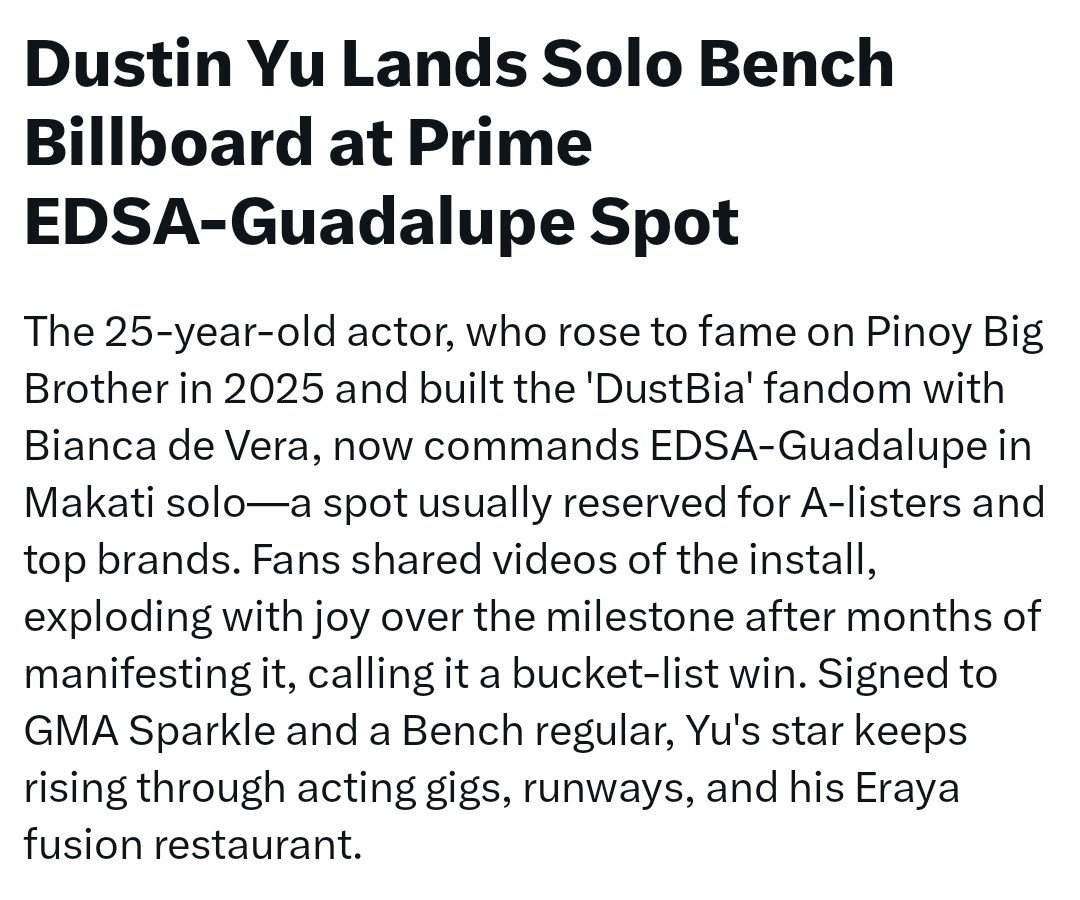 nadzyyyuu's tweet photo. "a spot usually reserved for A- listeners and top brands"

Wala pa man pero imamanifest natin yan kagaya ng pagmanifest natin na magkaroon siya ng bench billboard sa guada. Malayo pa pero malayo na. 

Congrats, Dustin! We're so proud of u. @dustinyuu 

DUSTIN BENCH SOLO BILLBOARD https://t.co/q3d0cH4P7I