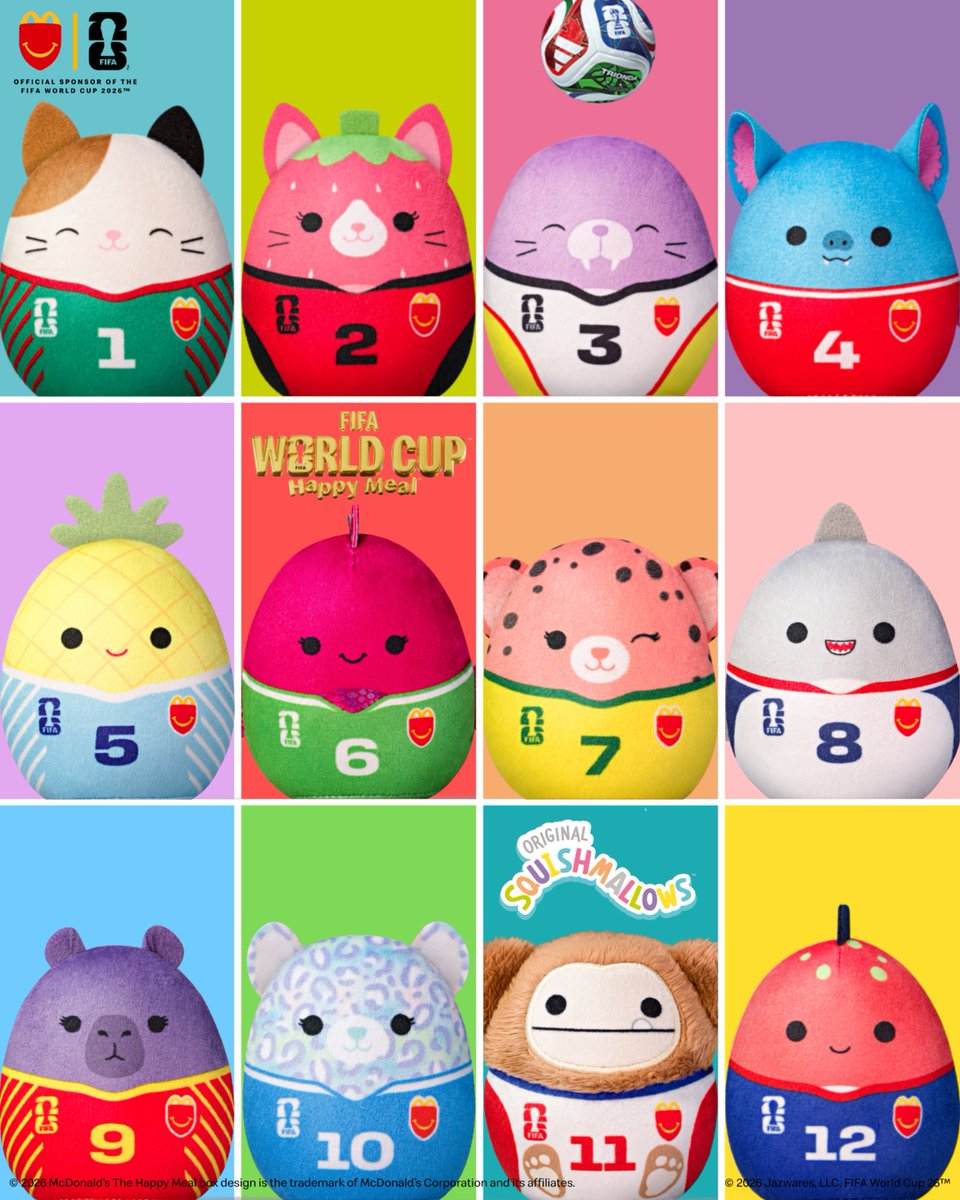 McDo_PH's tweet photo. ⚽ One Squishmallow won’t win the cup… but a squad of 12 might! 🏆

Each FIFA World Cup Happy Meal comes with 1 of 12 Squishmallows, each rocking a special numbered jersey to make sure you don't miss a teammate!

Collect them all to build the ultimate championship squad at your nearest McDo today! 💙

 #McDoPH #HappyMealPH