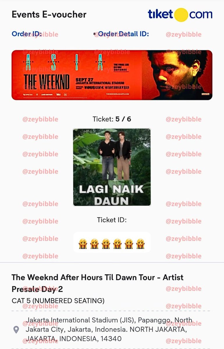 zeybibble's tweet photo. wts <want to sell>

The Weeknd After Hours Til Dawn Jakarta

• 2 tix — cat 5 day 2 (artist presale)
• normal price + jastip = 1.850 jt/tix
• bisa dituker tiket fisik (tix berderet nonton bareng temenku)
• alasan dijual : ada acara pribadi 
💌 proof &amp; details dm

#zonauang https://t.co/FRqYCQxqVC