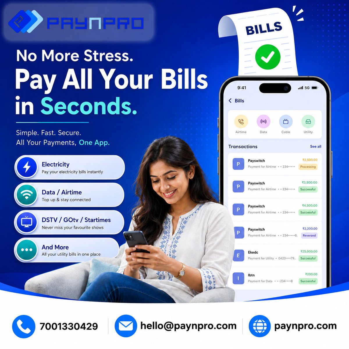 paynpro's tweet photo. 😌 No More Stress. Pay ALL Your Bills in Seconds. ⚡  ⚡ Electricity 📶 Data &amp; Airtime 📺 DStv / GOtv / Startimes 🏠 Utility &amp; More  Simple. Fast. Secure. One App. 💙🔐  
👇 https://t.co/N6cz6w70nu

#PayNPro #BillPayments #NoMoreStress #FinTech https://t.co/gXRpE4S4cu