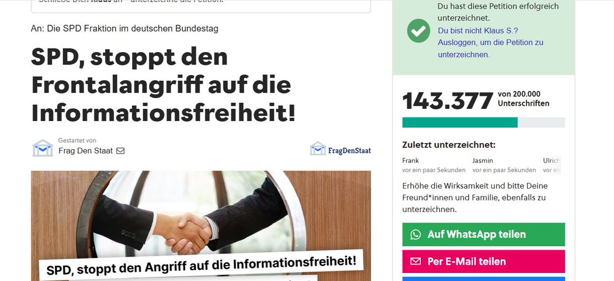 Kl_Stone's tweet photo. #IFG_Verteidigen

Es ist keine 24 h her, dass diese Petition von #FragDenStaat gestartet wurde, und sie hat nun schon über 143.000 Unterzeichner

Beim letzten Mal (2025) zum gleichen Thema waren es am Ende (nach 1 Woche?) 400.000

Macht Werbung dafür!

https://t.co/Iz4dEazl6C https://t.co/Kg7E6dasDH