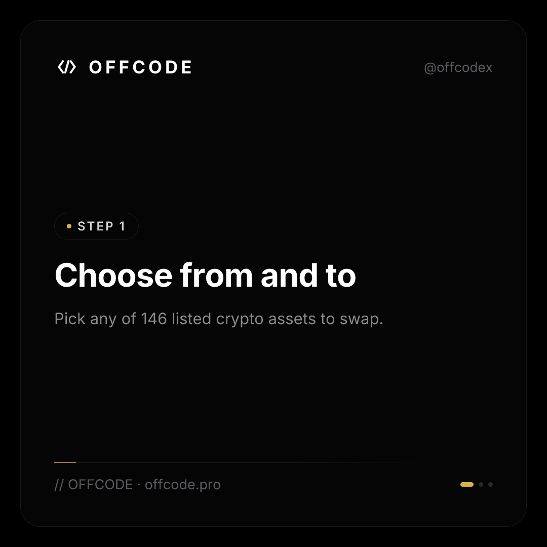 OFFCODEX's tweet photo. Swap 146 crypto assets on OFFCODE in seconds. See your 0.30% fee before you confirm. https://t.co/2BPdjAdpAS