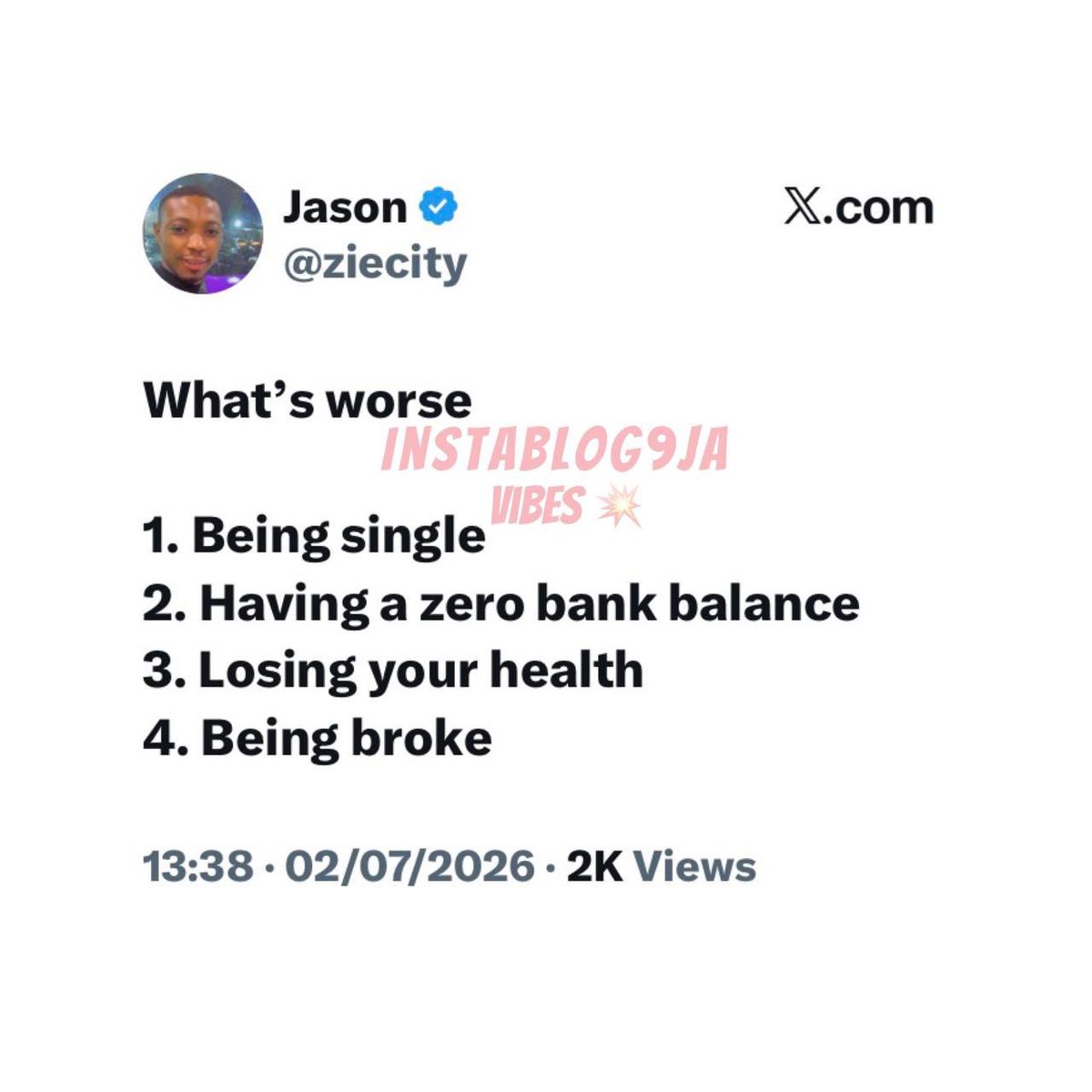 instablog9ja's tweet photo. Social media users weigh life’s toughest realities, which one would you never wish on anyone? 🤔💔💸 https://t.co/Qo9qFGoo5u
