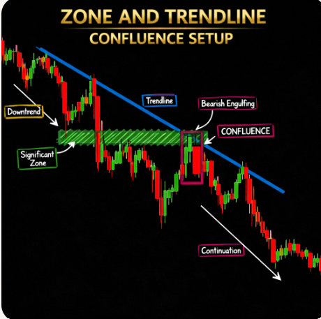 MhagamaFau31375's tweet photo. 🚨ZONE & TRENDLINE CONFLUENCE – HIGH-CONVICTION CONTINUATION SETUP📌

✅ Downtrend Established – Price consistently making lower highs and lower lows, confirming bearish momentum.

✅ Significant Zone Identified – A key historical support/resistance area adding weight to the reaction point.

✅ Trendline Resistance Active – A descending trendline aligns perfectly with the significant zone, creating a powerful confluence barrier.

✅ Bearish Engulfing Pattern – A strong reversal candle formed right at the confluence, signaling seller dominance.

✅ Confluence Confirmed – Multiple technical factors aligning at the same price level = higher probability trade.

✅ Continuation Trigger – Entry on confirmation below the engulfing low or on a retest of the broken trendline/zone.

🚨 Stop-loss above the confluence zone – Protect against false breaks with a stop just above the high of the engulfing candle.

📉 Target – Project towards previous swing lows or use a risk-reward ratio of at least 1:2.

✍️Confluence multiplies probability – trade with the weight of evidence.