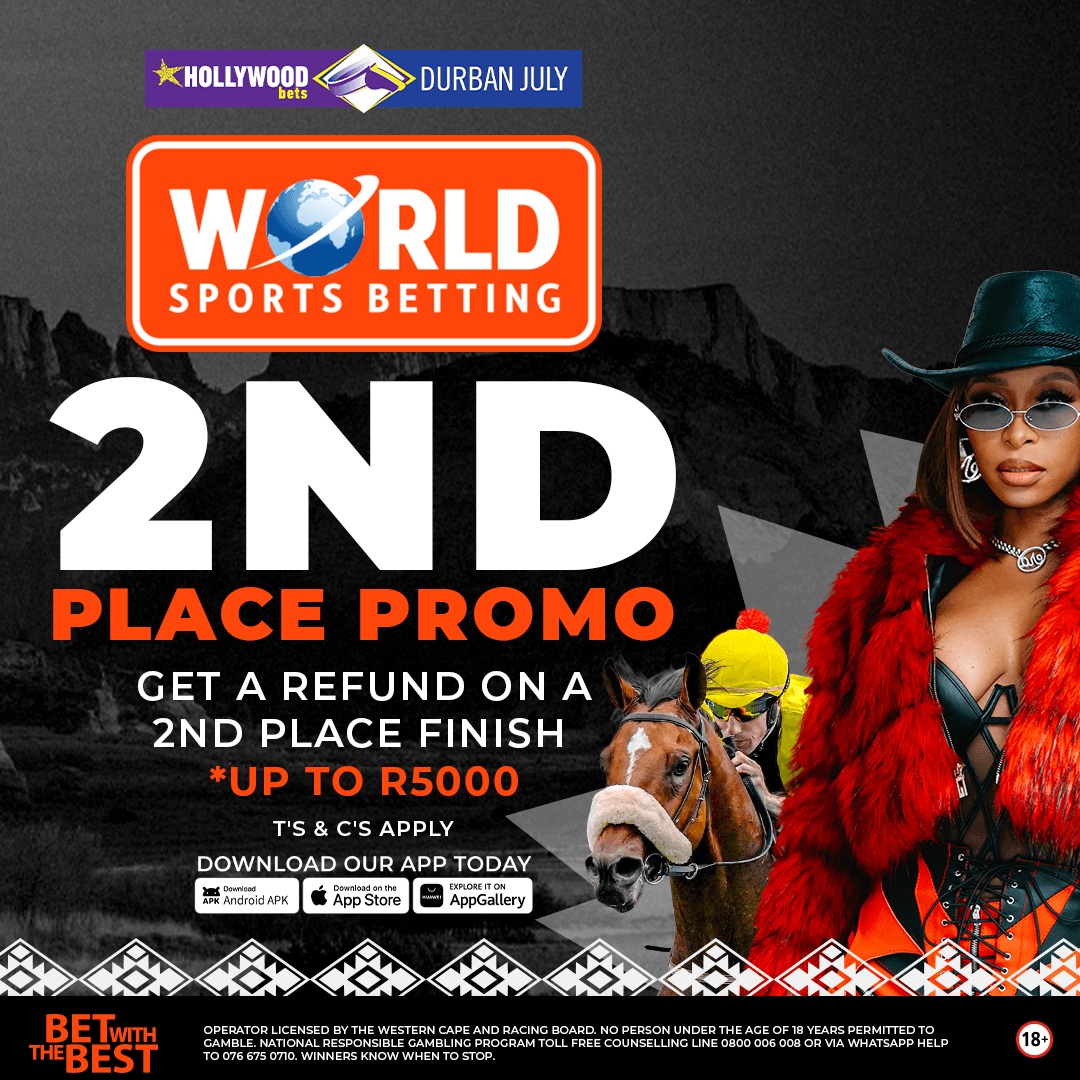 WorldSportsBet's tweet photo. Back any horse to win the 2026 Durban July, and if your runner finishes 2nd, we’ll refund your stake in World Coins – up to R5,000!

🐎 https://t.co/mI3Bw6Xuzk

T&amp;Cs apply | #HDJ2026 #DurbanJuly #WSB #BetWithTheBest https://t.co/yVDDiQZR8H
