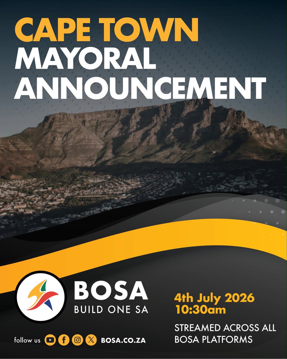 NobuntuSA's tweet photo. Excited to be in Cape Town today as BOSA unveils our Mayoral Candidate for the City of Cape Town⚫️🟡⚪️
Join us live as we introduce the leader who will champion a city that works for everyone.
Watch the announcement here:
https://t.co/xTPfmc0p1M
#BuildCPT
#Build #mayoralcandidate @BuildOneSA