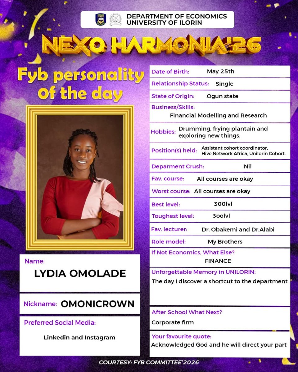 Nexo_harmonia's tweet photo. UNVEILING OUR FINALIST OF THE DAY!

Meet Lydia Omolade, a remarkable finalist whose journey has truly been inspiring.

Congratulations on making it to the finals! 🥳🎉
Wishing you the very best in your future endeavors. 🤗💫
Cheers to greatness! 🤩🎓 https://t.co/UvRRGQdBSO