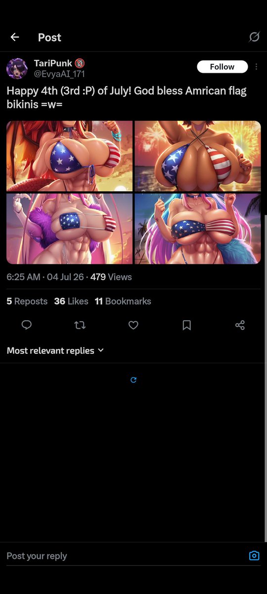 WinterBlodRiver's tweet photo. It is the 4th of July, I should be blinded, deafened and beaten uncontious by the Pride and Glory of the American Empire.

My tl should be filled with girls in American flag bikini's, not only is it not, but any post I do find is censored.

Twitter is dead, I'm leaving https://t.co/Am0GBKt8mP