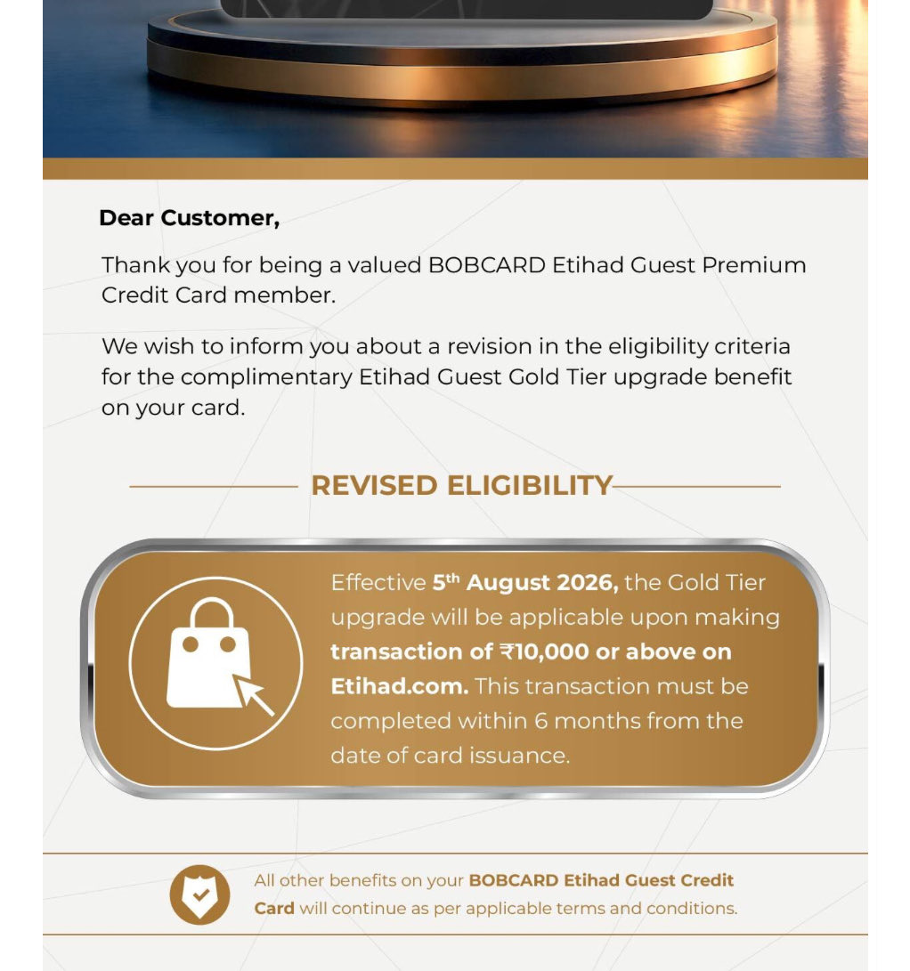 cibhisp's tweet photo. A quiet but significant change for new cardholders.

Effective 5 August 2026, the complimentary Etihad Guest Gold upgrade will no longer be available just by holding the card. You’ll now need to:

✈️ Make a single transaction of ₹10,000 or more on https://t.co/6mwBtghIZW
⏳ Complete it within 6 months of card issuance

For those who already secured Silver (and Gold under the earlier terms till Aug 5th), there’s no immediate impact. But for new applicants, a flight booking or eligible Etihad purchase has now become the gateway to one of the card’s most valuable benefits.

Etihad Guest Gold continues to offer benefits such as:
• Priority Check-in
• Lounge Access (where eligible)
• Priority Boarding
• Extra Baggage Allowance
• Bonus Etihad Guest Miles

The good news? The card still remains one of the strongest travel cards in India with:
✅ Zero forex markup
✅ Domestic & international lounge access via direct card swipe (no Priority Pass required)
✅ Strong Etihad Guest Miles earning potential

If you were planning to apply primarily for the Gold status, factor this new eligibility into your strategy.