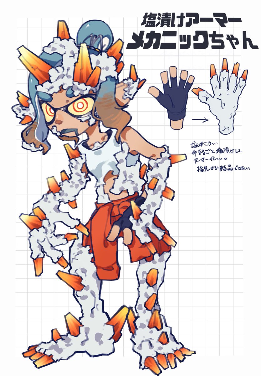 Takiitoon's tweet photo. この前塩漬け見ちゃったからね描くしかないよね。妄想マシマシ塩漬けアーマーメカニックちゃんだよ
手足が塩で硬化してアーマーみたくなってる https://t.co/ri3G3cflso