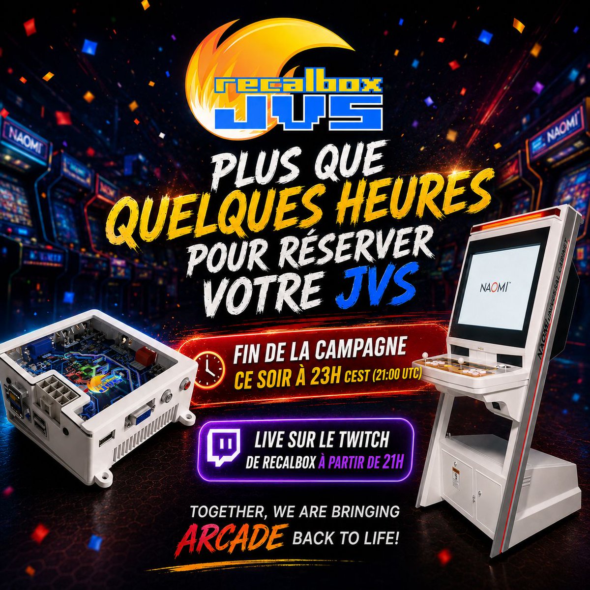 recalbox's tweet photo. 🔥 RECALBOX JVS : DERNIÈRE LIGNE DROITE !! 
- Fin du Kickstarter
- Mise à jour Recalbox 10.0.8
- Nombreux invités + Team Recalbox
🎬 RDV dès 21h ==> https://t.co/PIcgcJsRCn 
🛒 Précommandez votre JVS ==> https://t.co/FjMOuzHvb0 https://t.co/hWptmnVnFL