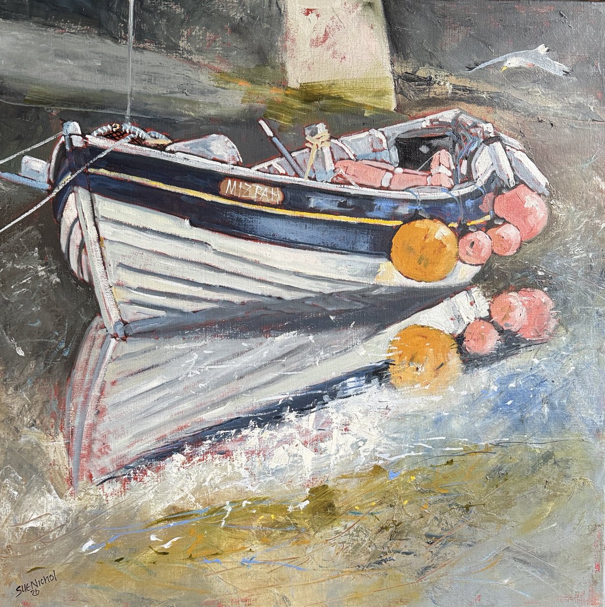 staithesartist's tweet photo. The gull has gone in so that means finished! ‘Mizpah Moorings’ #oils on #linen 24x24” https://t.co/obNMzyllG1