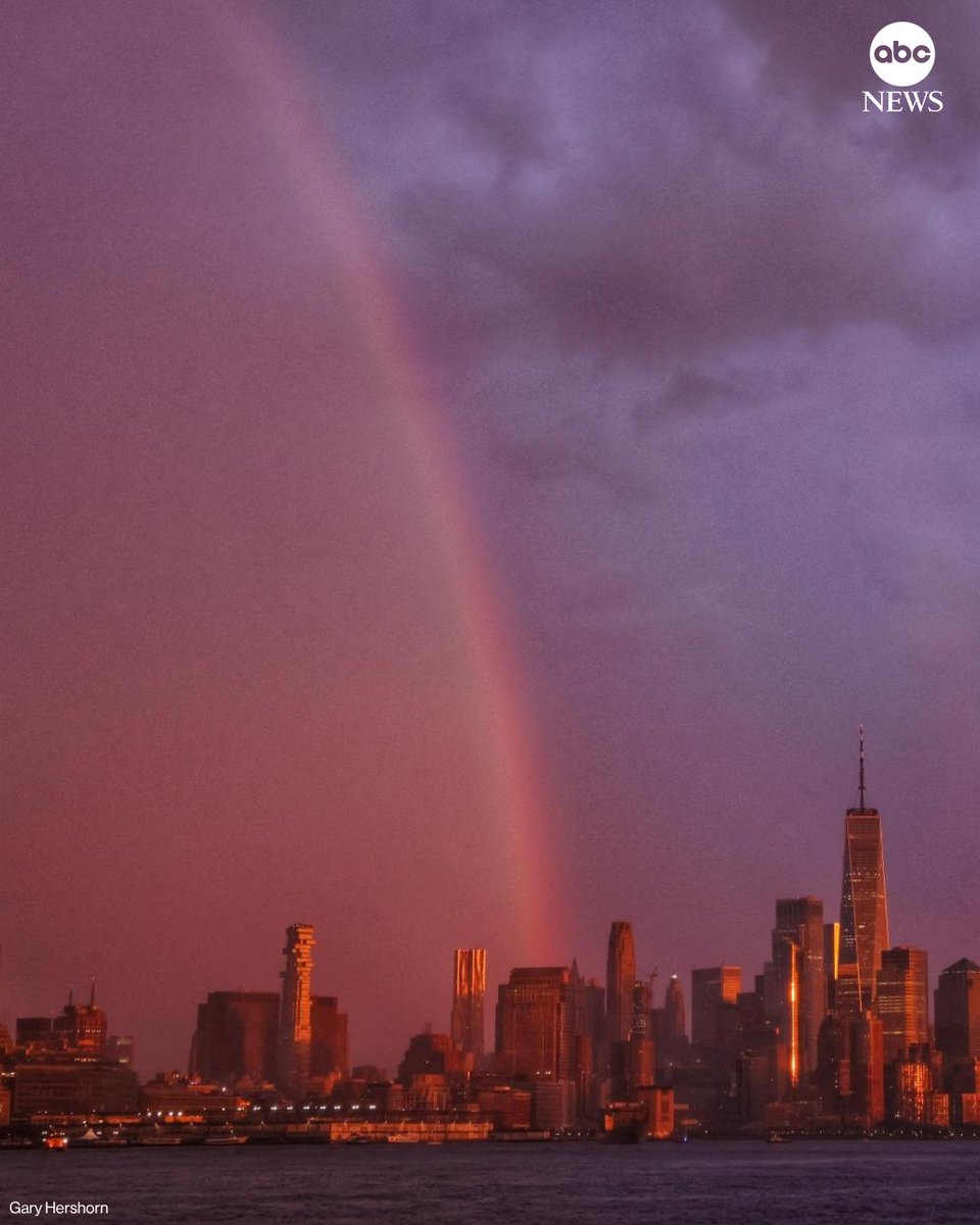 ABC's tweet photo. New York City produced a dazzling display as a backdrop for Taylor Swift's wedding, with first a rainbow then lightning in the city. https://t.co/xIlOc2MZHq