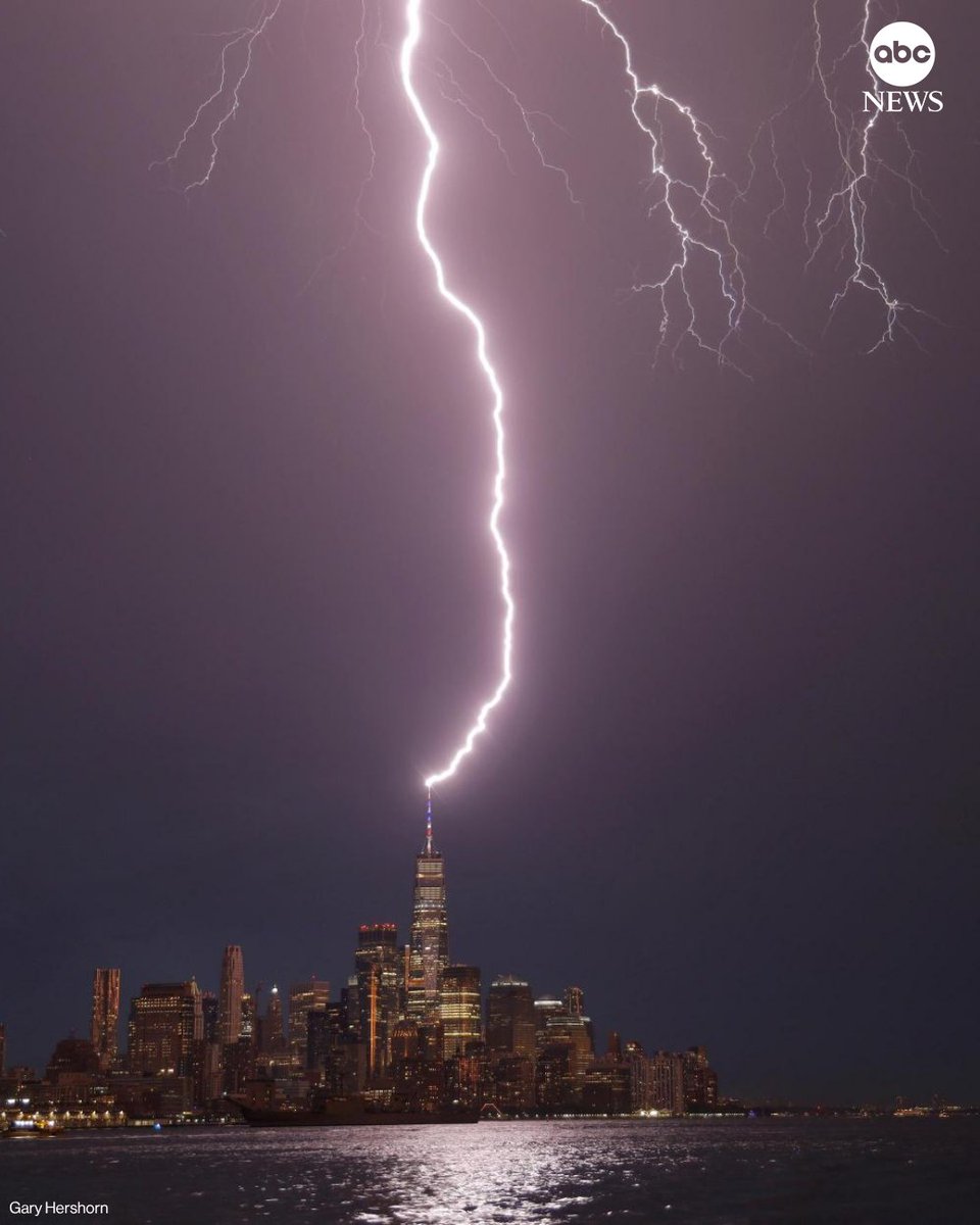 ABC's tweet photo. New York City produced a dazzling display as a backdrop for Taylor Swift's wedding, with first a rainbow then lightning in the city. https://t.co/xIlOc2MZHq