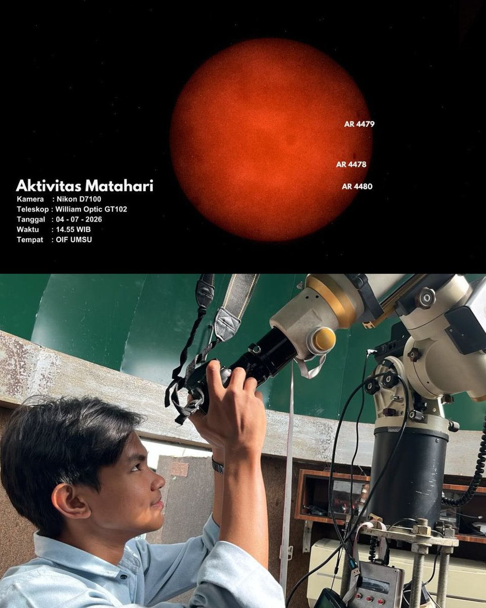 OIFUMSU's tweet photo. Sabtu, 19 Muharram 1448 H / 04 Juli 2026, pukul 14.55 &amp; 15.07 WIB, dua mahasiswa Ilmu Falak FAI UMSU kembali melaksanakan observasi Matahari di Observatorium Ilmu Falak (OIF) UMSU menggunakan teleskop William Optic GT102 dan kamera Nikon D7100. https://t.co/6SFmQ7Om0Y