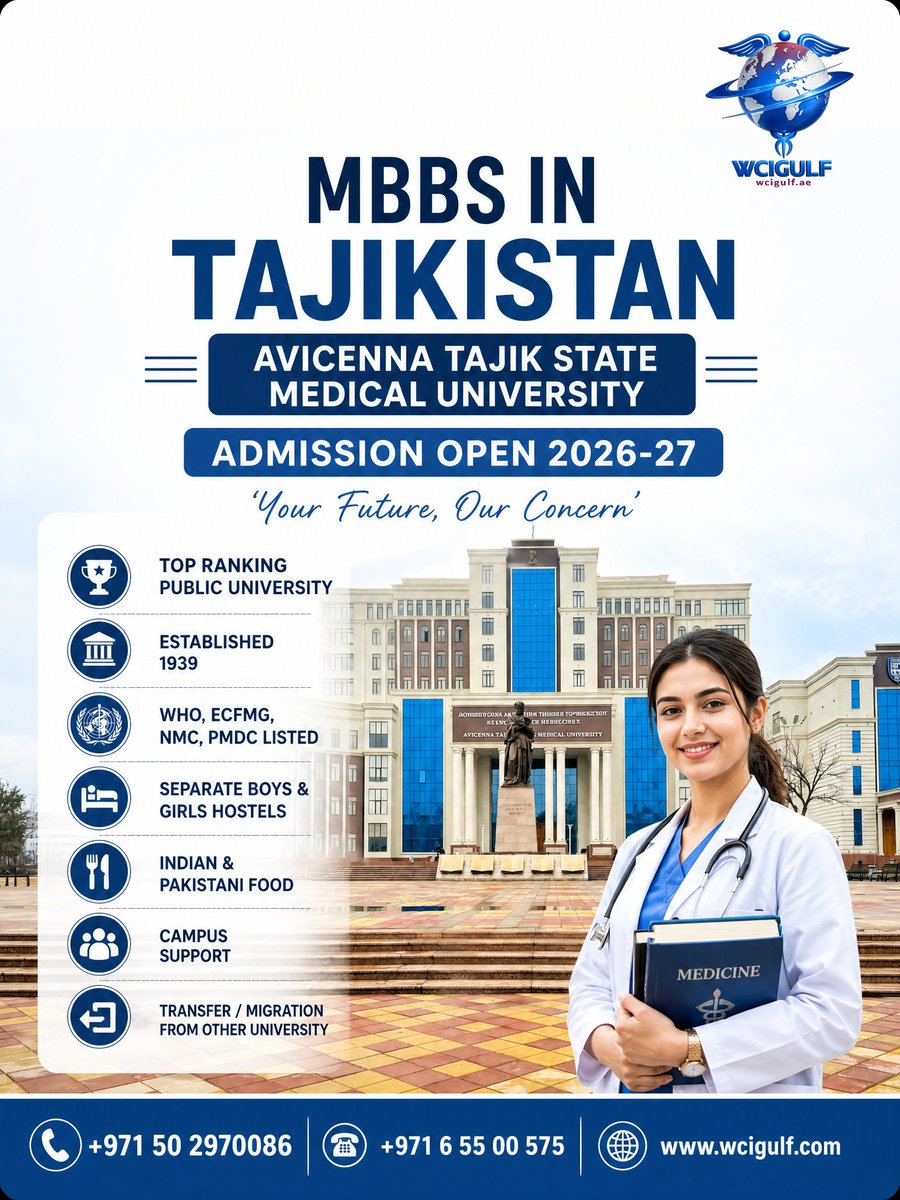 wcigulf's tweet photo. Study Medicine in Tajikistan with WCIGULF. Admissions Open For September Intake.

Contact us for more information and admission.
📱+971 50 297 0086 ☎️ 06 550 0575
🌐 https://t.co/3kT2KUrCof

#mbbsintajikistan #tajikistan #dushanbe #mbbsabroad #wcigulf https://t.co/29j3MmhJMW