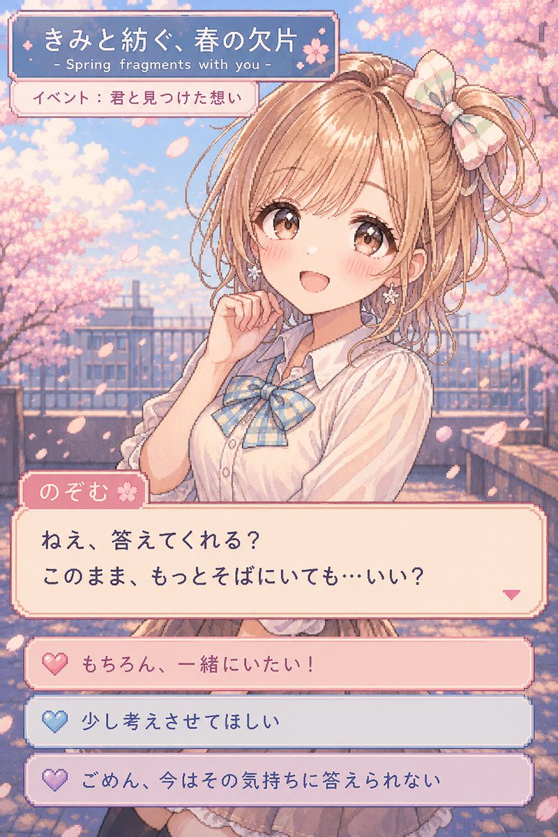 ArtistaNozomu's tweet photo. 🔸ChatGPT image2プロンプト🔸
#のぞむプロンプト

うちの子を
レトロなピクセルADV風の
恋愛ゲームにしてみました🎮💗

イベント名・セリフ・選択肢が
その子の雰囲気に合わせて変わります。

自分の子なら、
どんな選択肢が出ると思う？🌸

「運命の選択肢メーカー」
プロンプトはリプに置きます🫶

⚠️再配布禁止
⚠️自作発言禁止
⚠️プロンプト調整はOK（調整後の再配布はNG）

詳細はリプ欄へ👇
