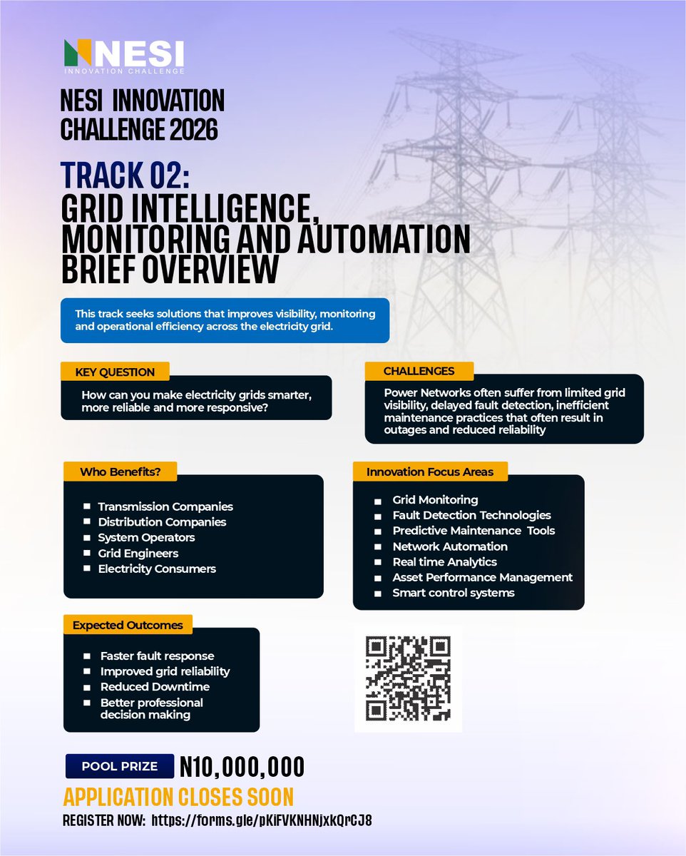 NESIChallenge's tweet photo. The grid should not wait for a problem before it starts responding.

Track 02 is for innovators building smarter ways to monitor, automate and strengthen electricity networks!

#nesiinnovationchallenge #nesichallenge2026 #powertech #energyinnovation https://t.co/TsGmRaOlG9