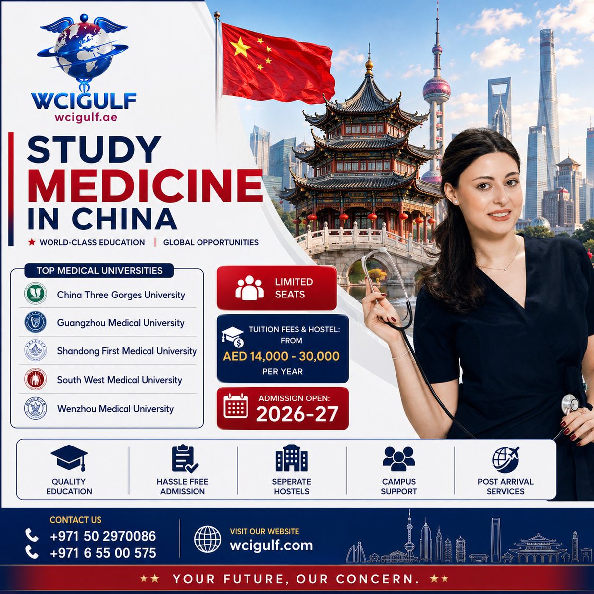 wcigulf's tweet photo. Study Medicine in CHINA 🇨🇳 with WCIGULF. Admissions Open For September Intake at TOP Universities of CHINA.

Tuition &amp; Hostel Fees: 
From AED 14,000 - 20,000 per year.

Contact us:

📱+971 50 297 0086 ☎️ +971 6 55 00 575 
🌐 https://t.co/3kT2KUrCof

#MBBSInChina #China #Dentistry https://t.co/TTeLI3hyvI