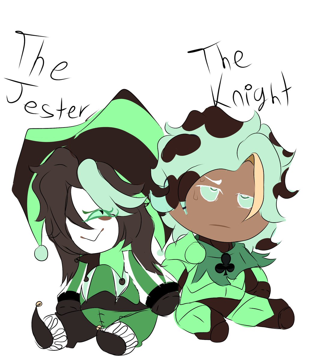 Syrium_NSFW's tweet photo. The Jester and The Knight. 💚 (OCs) 
Choco Mint Cookie (K)  Bitter Mint Cookie (J) #cookierunoc https://t.co/xjui356NF5