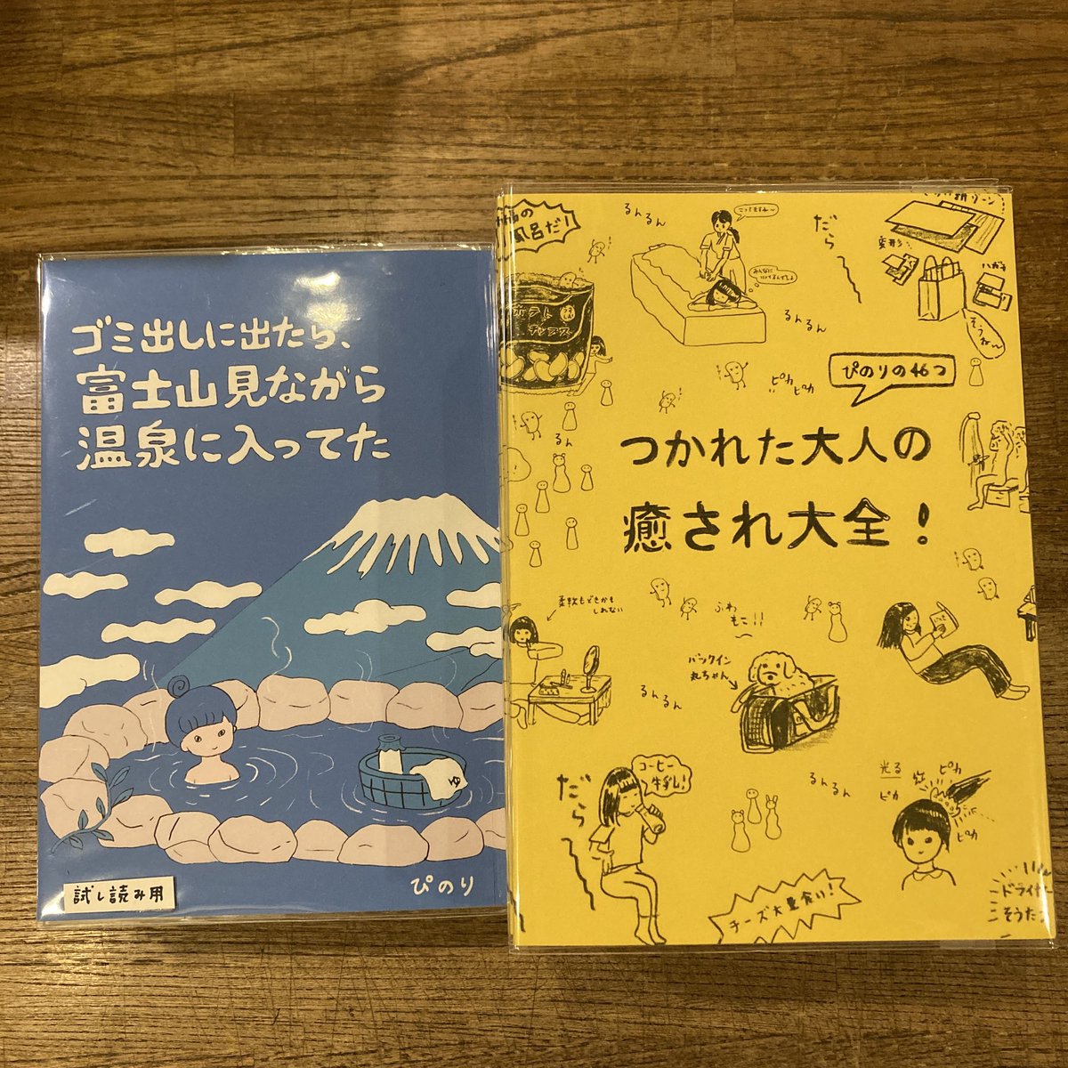 100hyakunen's tweet photo. ロングセラーとなっているぴのりさんの『つかれた大人の癒され大全！』が再入荷しました！さらに新作『ゴミ出しに出たら、富士山見ながら温泉に入ってた』も入荷です！ https://t.co/bwJ2rS4j31