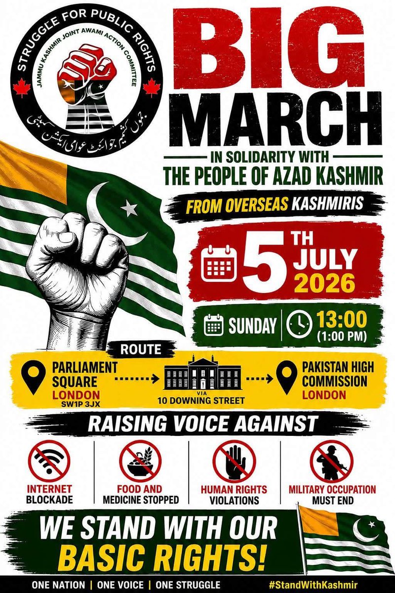 ahm3d711's tweet photo. 🇬🇧 LONDON | STAND WITH THE PEOPLE OF AZAD JAMMU & KASHMIR

For over a month, the people of Pakistan-administered Jammu & Kashmir have faced an unprecedented crackdown, including an internet blackout, restrictions on food and medicine, mass arrests, and serious human rights concerns.
Now is the time to stand together.

📅 Sunday, 5 July 2026
🕐 1:00 PM
📍 Parliament Square, London
➡️ March via 10 Downing Street to the Pakistan High Commission

Join Overseas Kashmiris and supporters in demanding:

* End the internet blackout
* Restore the free movement of food and medicine
* End human rights violations
* Respect the fundamental rights and freedoms of the people

Your presence matters. Together, we can ensure the voices of the people of Azad Jammu & Kashmir are heard.

Please share widely and join us.

#RightsMovementAJK #StandWithKashmir #HumanRights #LondonProtest #JammuKashmir #FreedomOfExpression #EndTheBlockade #ProtectCivilians #Kashmir

@BBCNews @BBCWorld @SkyNews @itvlondon @Channel4News @LBC @Reuters @AP @AFP @AJEnglish @guardian @Independent @thetimes @Telegraph @EveningStandard @MetroUK @PoliticsJOE_UK @UNHumanRights @amnesty @hrw @indyurdu @BBCUrdu @dw_hotspotasia