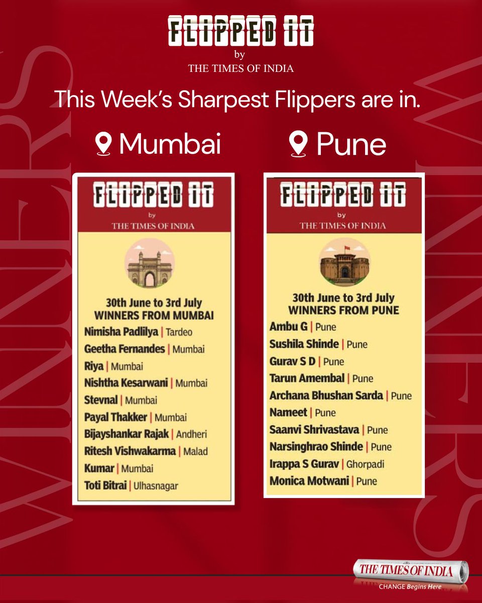 TOINoida's tweet photo. The #FlippedIt Weekly Leaderboard is here. Swipe to see the players who cracked the clues, beat the clock, maintained their streaks &amp; climbed to the top of their city's rankings. Think you can make next week's list? Scan the QR in today's #TOI &amp; put your word skills to the test. https://t.co/7vWYByXeTi