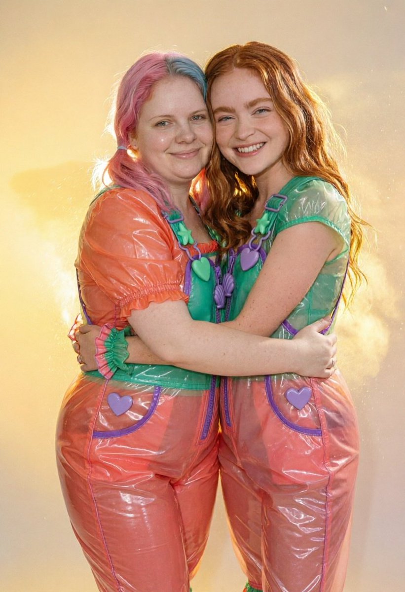 Lizzy1262629's tweet photo. Hugging my bestie Sadie in our matching shiny colorful PVC outfits! ππ So much love and gloss in this moment β¨ #BestiesInPVC
#MatchingPVC #ShinyOutfits #GirlFriends #TransparentFashion #ColorfulPVC #GlossyFashion #KawaiiStyle #CoupleStyle #PVCSet #PlayfulLook #AlternativeFashion #ShinyLatex #HeartDetails #PastelVibes #BestieGoals