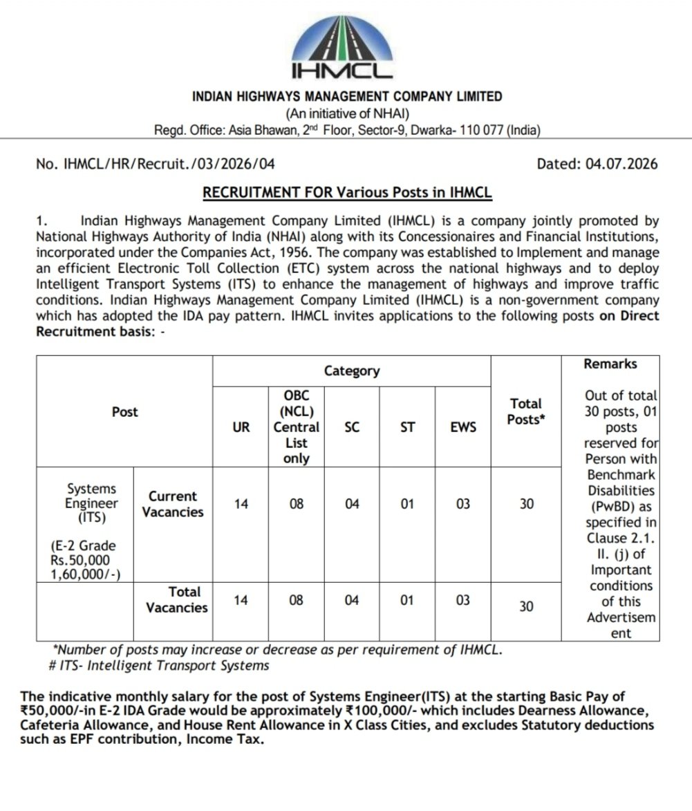 h_pongilath's tweet photo. Indian Highways Management Co., Ltd, Recruitment for โSystem Engineerโ total posts thirty (30). Opening Online Regn: from today (04th July 2026)
Last date:02nd August 2026)
#systemengineer #recruitment
For full prospectus & details click ๐ ๐
https://t.co/XxiEGIFVYj https://t.co/gSI256gnOW