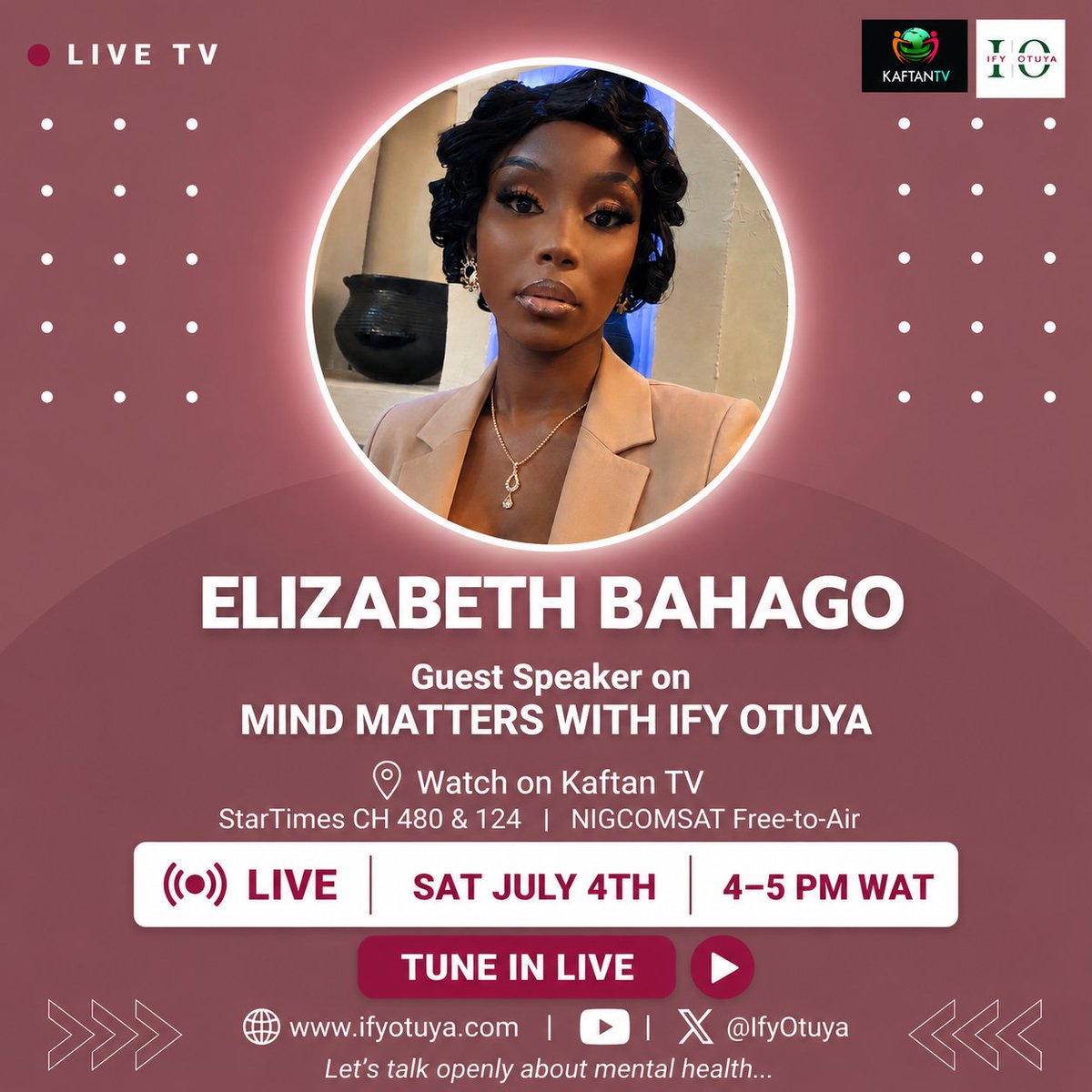 IfyOtuyaBrand's tweet photo. Don’t miss today’s episode of Mind Matters with Ify Otuya.

Today’s discussion: The Link Between Environmental Responsibility and Mental Wellbeing.

🎉 Episode 10
📺 Kaftan TV
🗓 Sat, Jul 4
⏰ 4–5 PM WAT

Speakers: @IfyOtuya @EcoBarter 

Let’s talk openly about mental health. 🧠 https://t.co/JxTEVw25tz