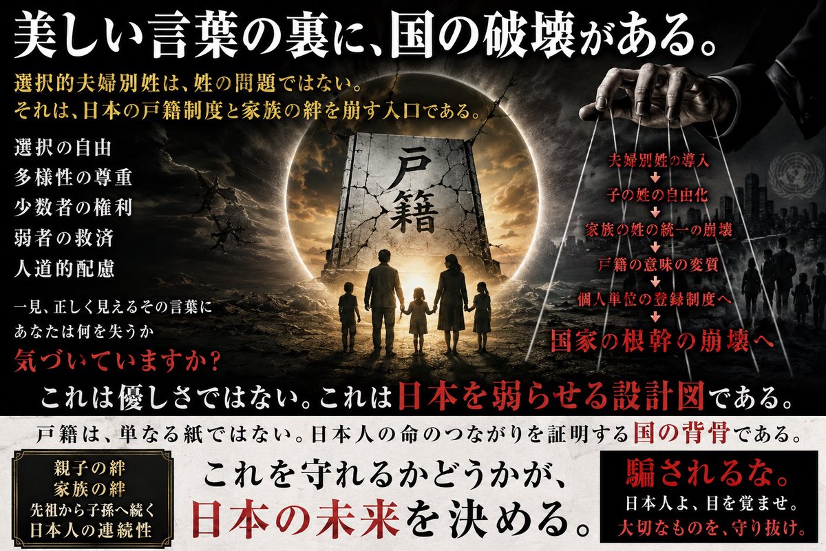 H22Gi's tweet photo. 【夫婦別姓が日本を滅ぼす】

この中で推進派を洗い出しているので、ぜひ見て欲しい、必ずこの正体に気づくはずである。

選択的夫婦別姓は、単なる姓の問題ではない。

夫婦が別々の姓を名乗るかどうかという、軽い話でもない。

その先に待っているのは、氏を家族から切り離し、戸籍の意味を薄め、日本人の連続性を静かに断ち切っていく未来である。

推進する者たちは言う。

選べるだけだ。

困っている人を救うだけだ。

多様性を認めるだけだ。

人道的に考えるべきだ。

しかし、本当に不便を解消したいだけなら、旧姓使用の法的整備を進めればよい。

資格、銀行、証券、登記、契約、パスポート、社会保険。

現実の不便を取り除く方法はいくらでもある。

それでもなお、戸籍上の夫婦同氏そのものを崩そうとする。

ここに本質がある。

日本の戸籍制度は、単なる行政データではない。

国籍、親子、婚姻、相続、家族、継承を公的に結ぶ制度である。

日本人がどこから来て、誰とつながり、どの家族の中にいるのかを示す、国の背骨である。

氏は単なるラベルではない。

戸籍は単なるデータではない。

家族は単なる個人の集合体ではない。

そこには、親がいて、祖父母がいて、先祖がいて、子がいて、孫がいる。

命は一代で終わらない。

日本人の時間は、そこでつながっている。

夫婦別姓を認めれば、次は子の姓が問題になる。

なぜ子が選べないのか。

なぜ兄弟姉妹が同じ姓でなければならないのか。

なぜ家族単位の戸籍である必要があるのか。

やがて、個人単位の登録でよいではないかという議論が出る。

これは飛躍ではない。

制度の自然な連鎖である。

戸籍制度は残ると言うだろう。

しかし問題は、名前が残るかどうかではない。

意味が残るかどうかである。

器は残る。

だが、魂が抜かれる。

選択という名の自由。

多様性という名の正しさ。

弱者救済という名の善意。

人道という名の正義。

その美しい言葉の先に、日本の戸籍、家族、氏、日本人の連続性があるのなら、我々は黙って見過ごしてはならない。

日本国民であれば、考えなければならない。

これは姓の問題ではない。

日本の背骨を守るかどうかの問題である。

戸籍を守れ。

家族を守れ。

氏を守れ。

日本人の連続性を守れ。

夫婦別姓が開く扉の先を、決して甘く見てはならない。

そして、この制度を強く推進している主な勢力がある。

選択的夫婦別姓を強く推進する主な勢力

・立憲民主党
・国民民主党
・公明党
・日本共産党
・社会民主党
・自民党内推進派
・経団連
・経済同友会
・新経済連盟
・連合
・日弁連
・mネット
・あすには
・全国陳情アクション
・国連女性差別撤廃委員会

◆自民党内の推進派とは
浜田靖一、土屋品子、井出庸生、牧島かれん、野田聖子、小渕優子、岩屋毅、石破茂、河野太郎、小泉進次郎、林芳正、岸田文雄らである。

主な推進関係者

・辻元清美
・黒岩宇洋
・玉木雄一郎
・矢倉かつお
・野田聖子
・福島みずほ
・芳野友子
・坂本洋子
・井田奈穂
・青野慶久
・三木谷浩史

これらの推進派を見れば「選択的夫婦別姓」の正体がわかるはずである！

これは単なる制度論ではない。

日本の家族観、日本の戸籍、日本人の連続性をめぐる問題である。

美しい言葉で飾られた扉の向こうに何があるのか。

そこを見誤ってはならない。

#選択的夫婦別姓
#夫婦別姓
#戸籍制度
#家族制度
#氏を守れ
#日本人の連続性
#日本を守る