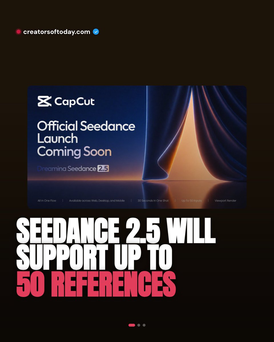 cotbuilds's tweet photo. Seedance 2.5 is coming.

The number turning heads: it will support up to 50 reference inputs, up from ~10.

5x more anchors = your look holds across the whole shot, not just the first 2 sec.

cc: x/@capcutapp

#seedance #dreamina #capcut #videoediting #contentcreator https://t.co/sYDv3RYvga