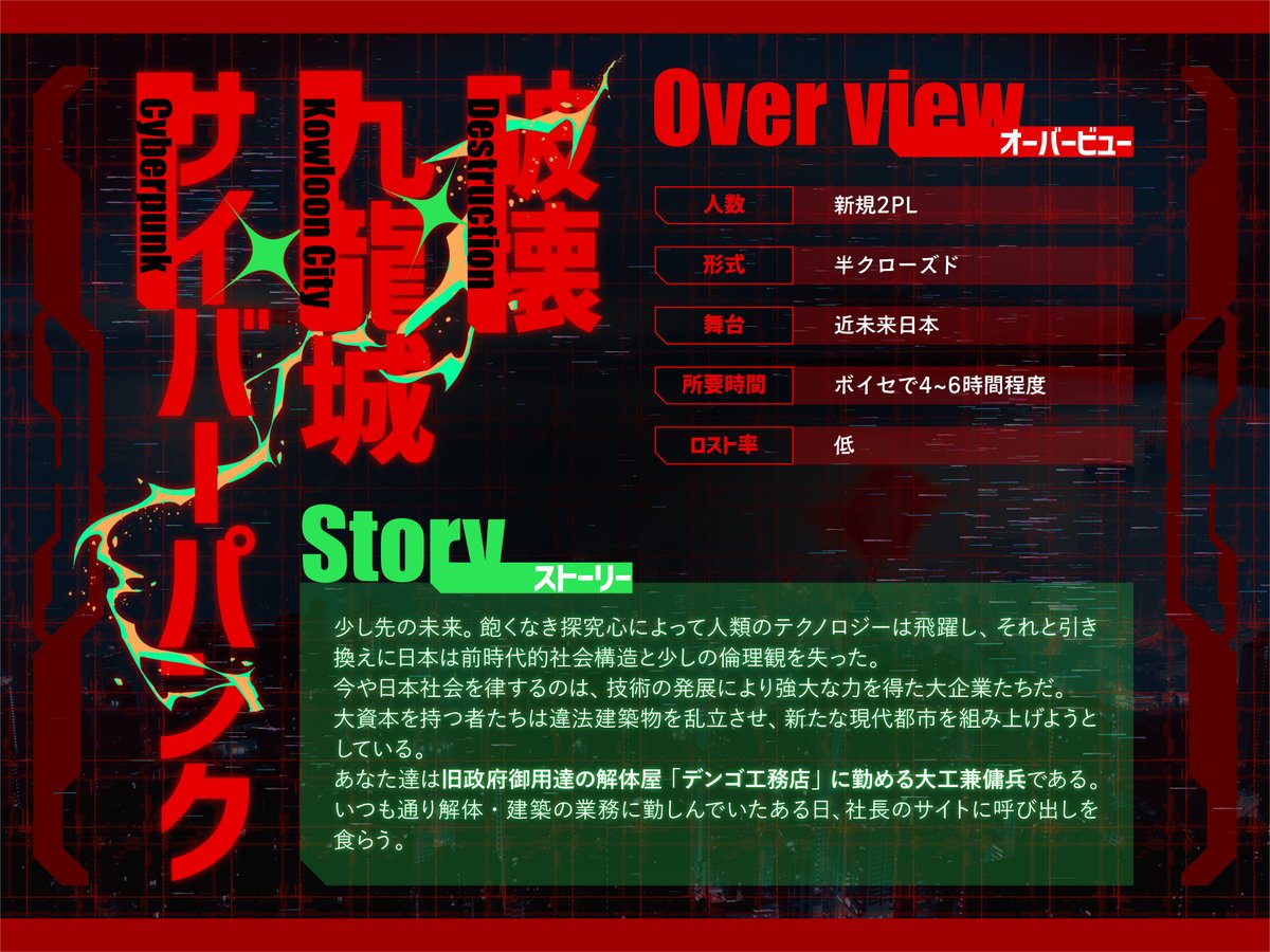 Nanase_trpg7's tweet photo. #ポトラ企画シナリオ告知2026

【サイバーパンク×九龍城×破壊】
「依頼だ。大規模違法建築物『九龍城』を破壊しろ」

CoC6th
爆ぜろよ異邦人-エトランゼ-

✧✧✧

サイバーパンクな世界で生身と改造人間のバディができます

HO診断：https://t.co/Mv3efmdtFl
BOOTHページ：https://t.co/H3Dp2vBuCv https://t.co/9g08HFyVKW