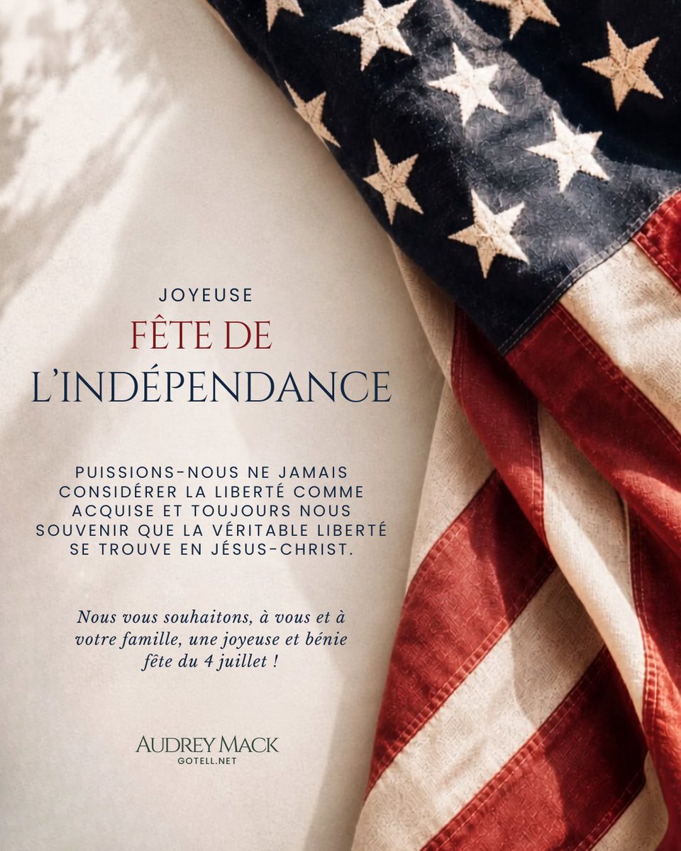 AudreyGoTell's tweet photo. "Therefore if the Son makes you free, you shall be free indeed." — John 8:36
Wishing you a joyful and blessed Independence Day!

« Si donc le Fils vous affranchit, vous serez réellement libres. » — Jean 8:36
Nous vous souhaitons une joyeuse et bénie fête de l'Indépendance ! https://t.co/IxVmgKiVpv