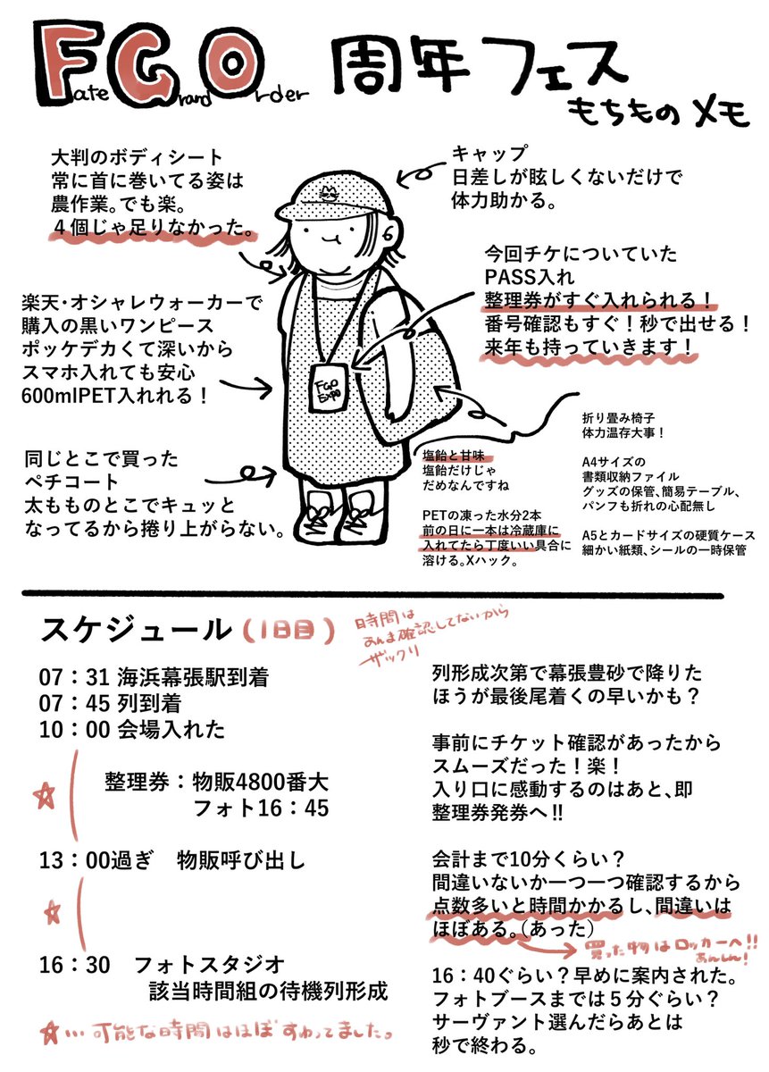 eisei_grgrno2's tweet photo. フェス初めていきますって方へ
再掲します、これは2024年参加後のメモです
体のために、水分・塩分・糖分・折りたたみ椅子必須です！
必要な時以外は座って休みましょう！
ファスチケ当たった2025年は物販もフォトもコラボフード購入も10時までには終わりましたのでファスチケ神です
#FGOフェス https://t.co/beR9Qkrwv9