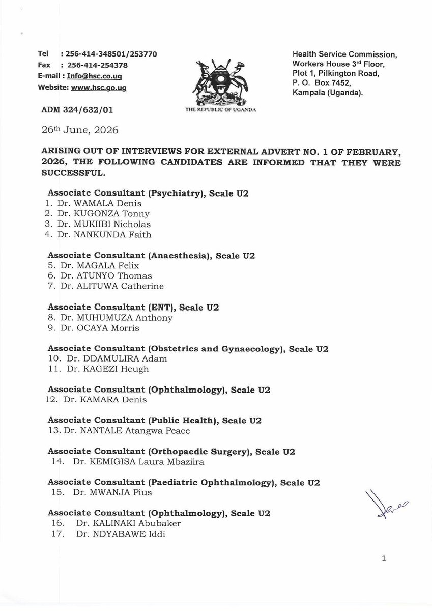 HSC_UG's tweet photo. NOTICE: List of Successful Candidates arising out of the Interviews for External Advert No.1 of February 2026.

Note:
More Cadres will be shared. https://t.co/OODBalrWjM