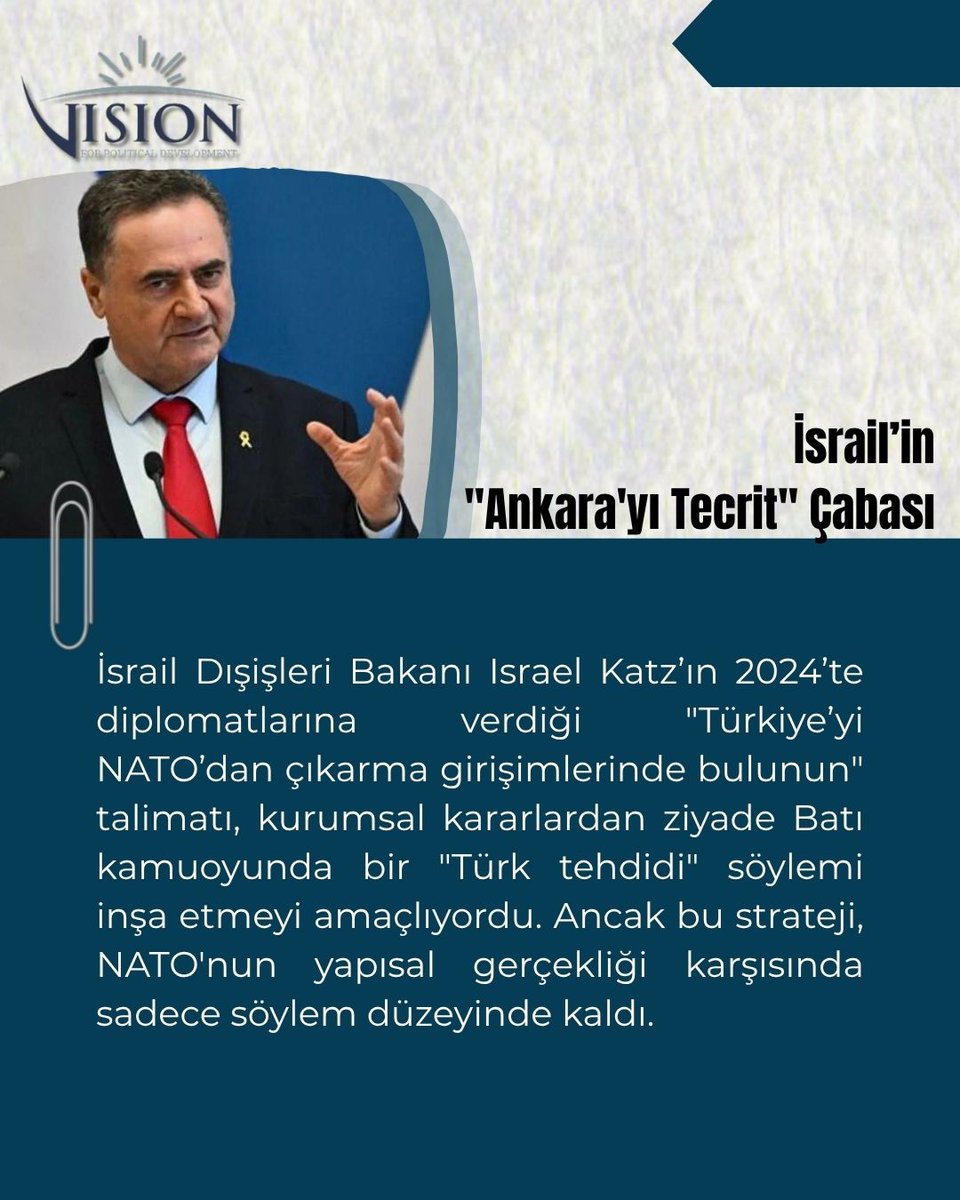 VizyonMerkez's tweet photo. 📌Ankara'da düzenlenecek NATO Zirvesi, İsrail'in Türkiye'yi uluslararası düzeyde yalnızlaştırma girişimlerinin önemli sınırlarını ortaya koymaktadır. Türkiye, NATO'nun yeniden şekillenen güvenlik mimarisinin vazgeçilmez aktörlerinden biri olmaya devam ederken, bu durum iki ülke arasındaki rekabeti sona erdirmemekte; aksine mücadeleyi uluslararası söylemden sahaya, özellikle Suriye'ye taşımaktadır. Sonuç olarak zirve, hem Türkiye'nin NATO içindeki stratejik konumunun kalıcılığını hem de İsrail'in Türkiye'yi uluslararası düzeyde sınırlandırma kapasitesinin sınırlı olduğunu teyit etmektedir.

Raporun tamamını okumak için: https://t.co/dqBSj2lkZb